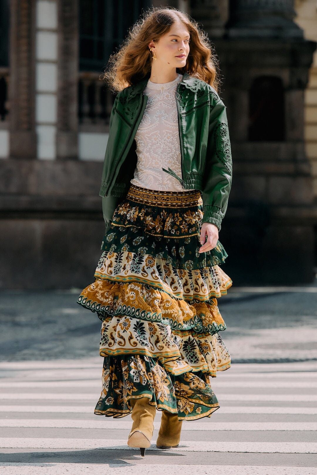 GREEN AYLA MIXED SCARVES LAYERED MAXI SKIRT