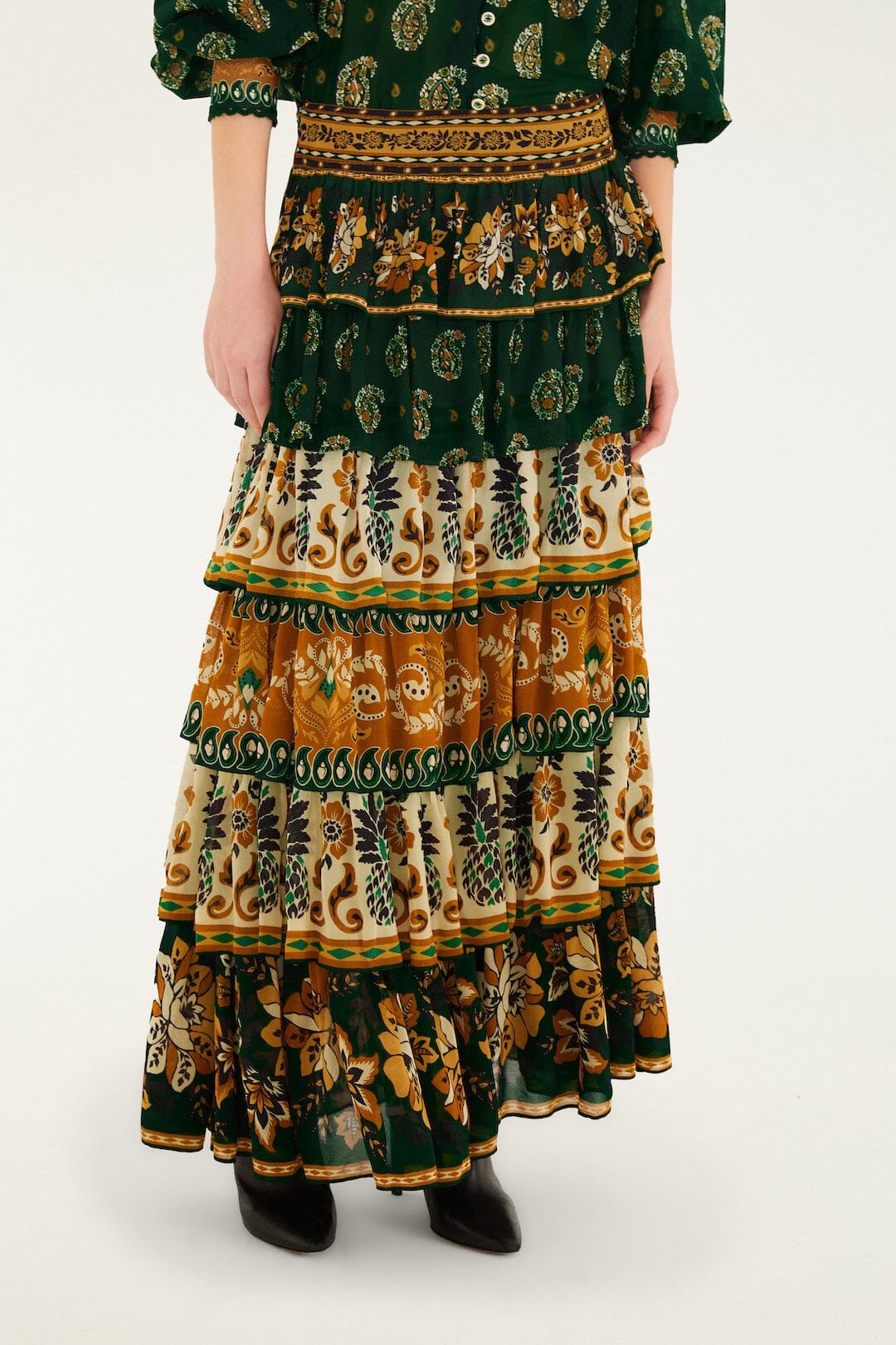 GREEN AYLA MIXED SCARVES LAYERED MAXI SKIRT