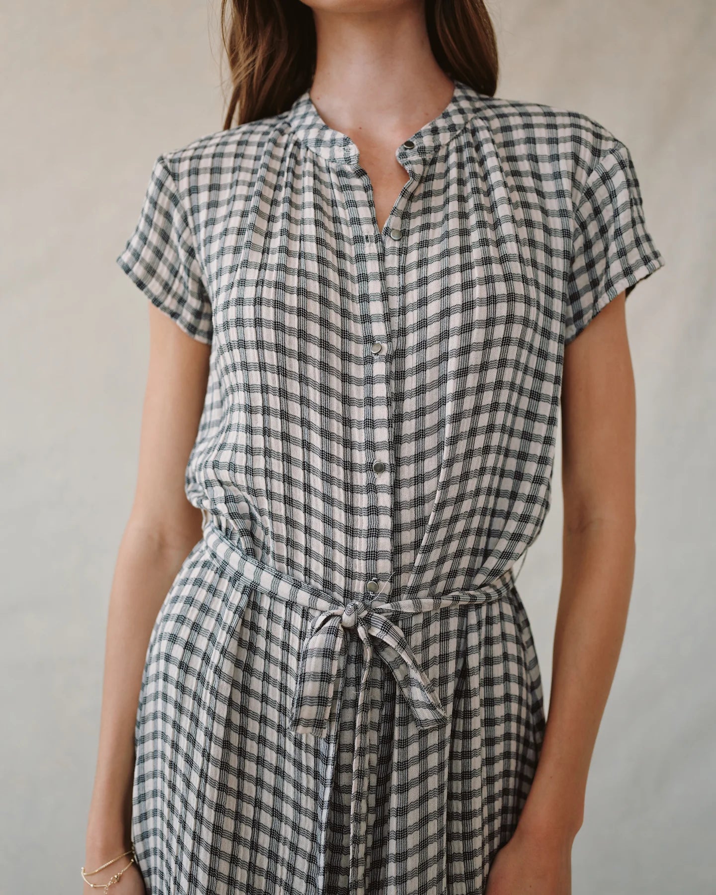 CAP SLEEVE MAXI SHIRT DRESS - IVORY CHECK PLAID