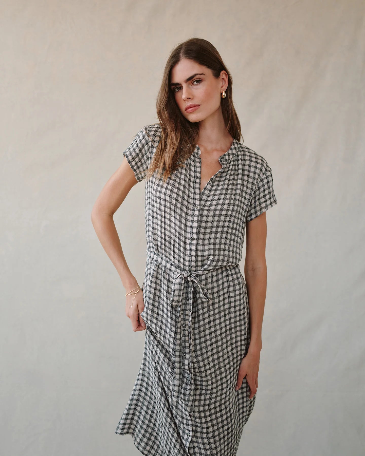 CAP SLEEVE MAXI SHIRT DRESS - IVORY CHECK PLAID