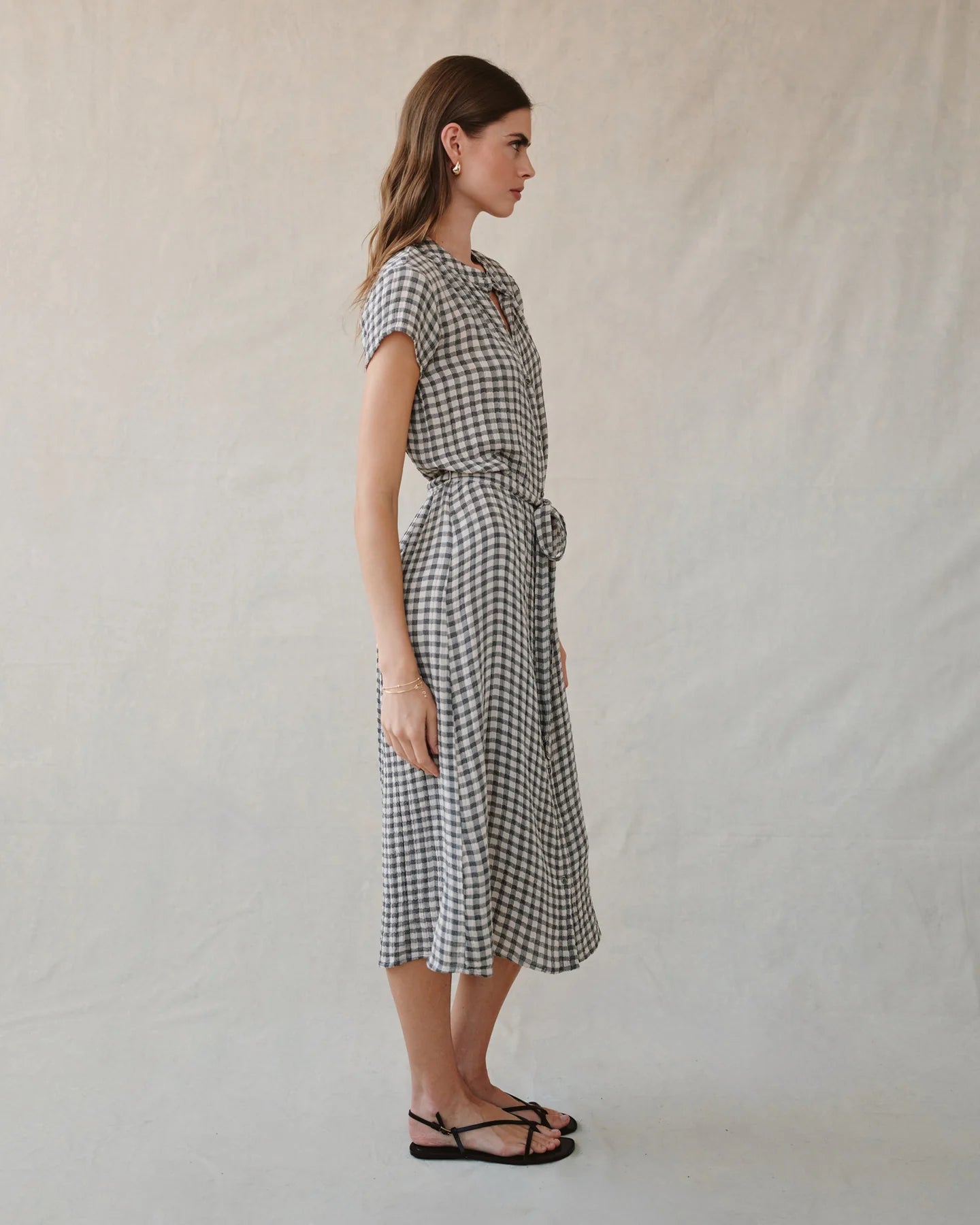 CAP SLEEVE MAXI SHIRT DRESS - IVORY CHECK PLAID
