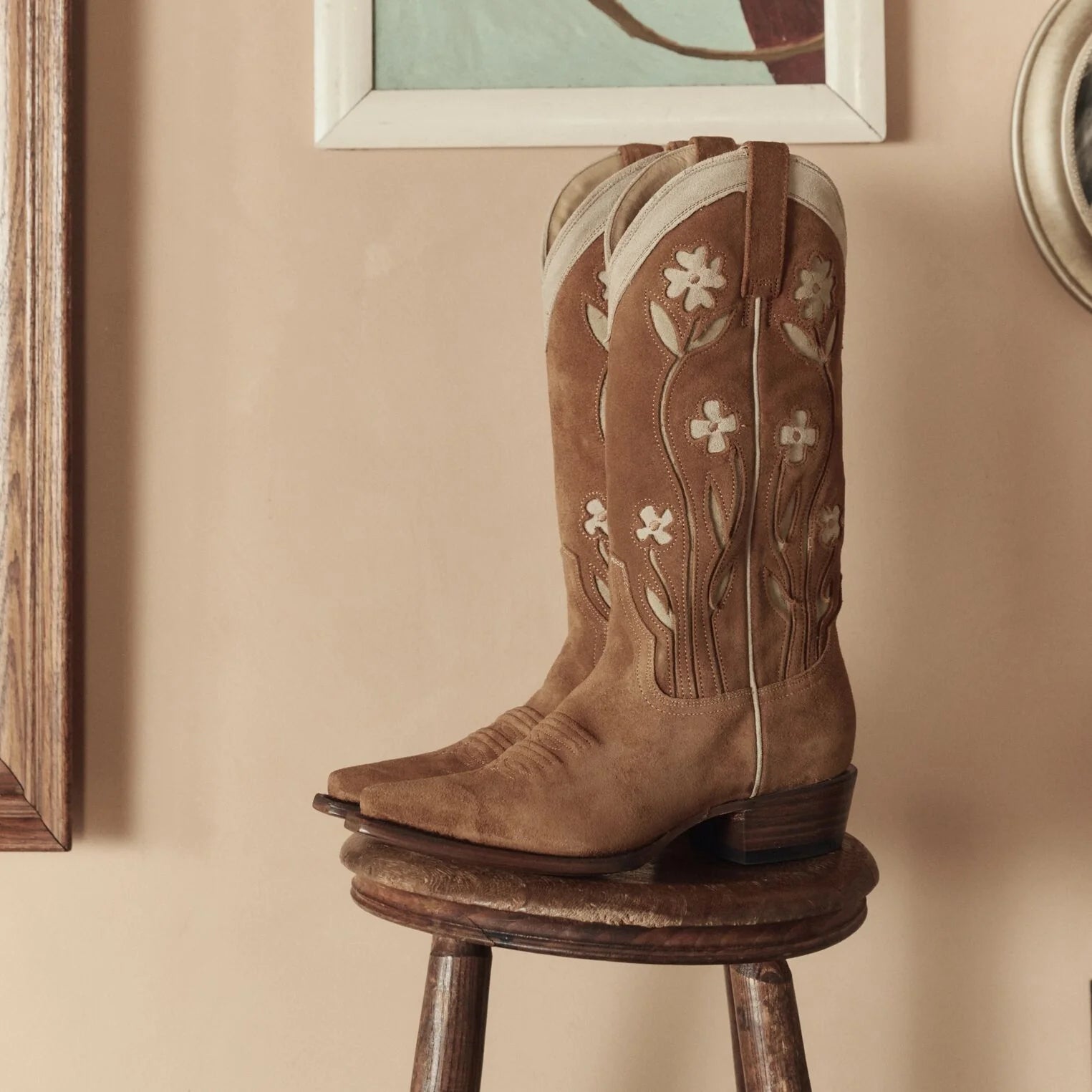 THE SUEDE FLORAL COWBOY BOOT - TAN FLORAL