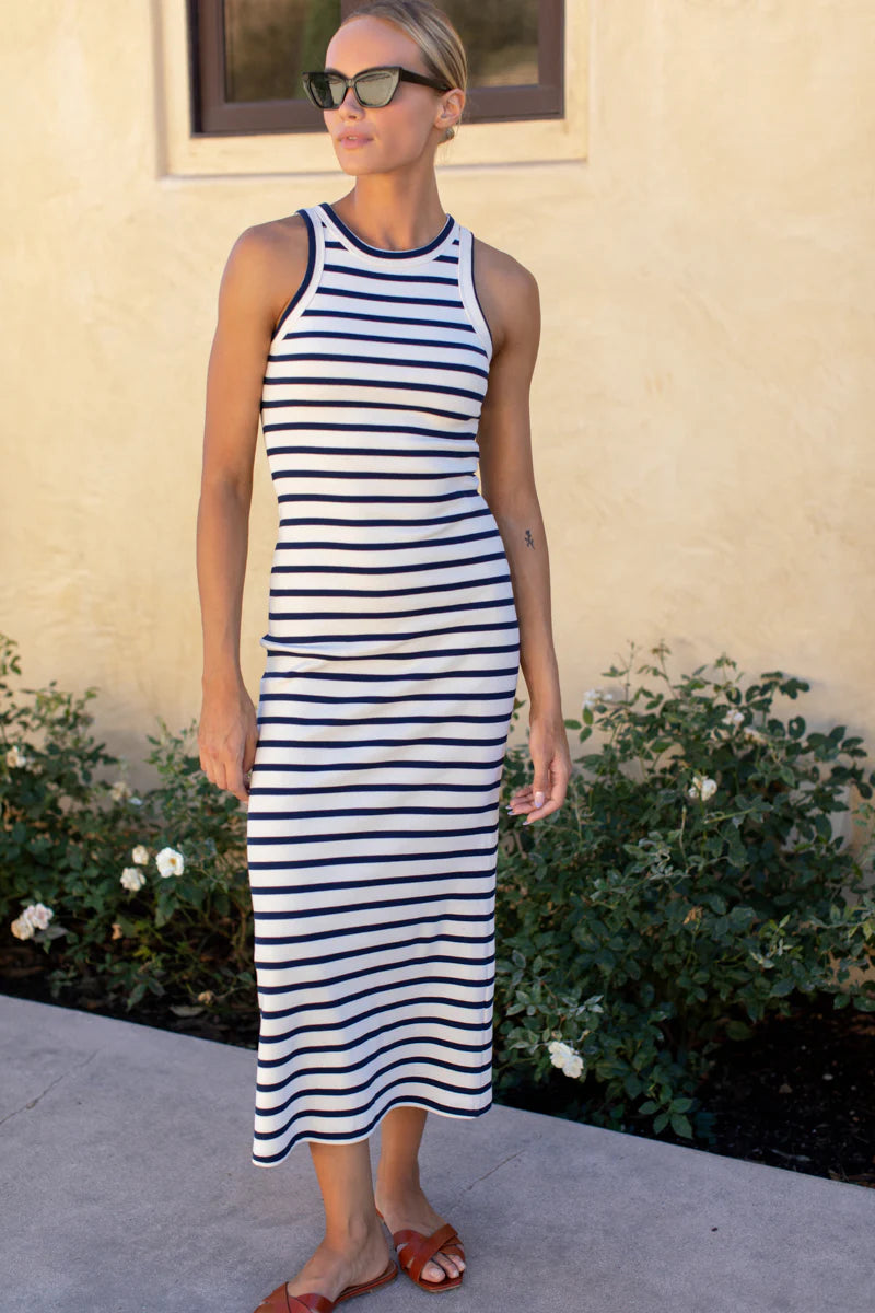 RACERBACK TANK DRESS MAXI - NAVY STRIPE RIB