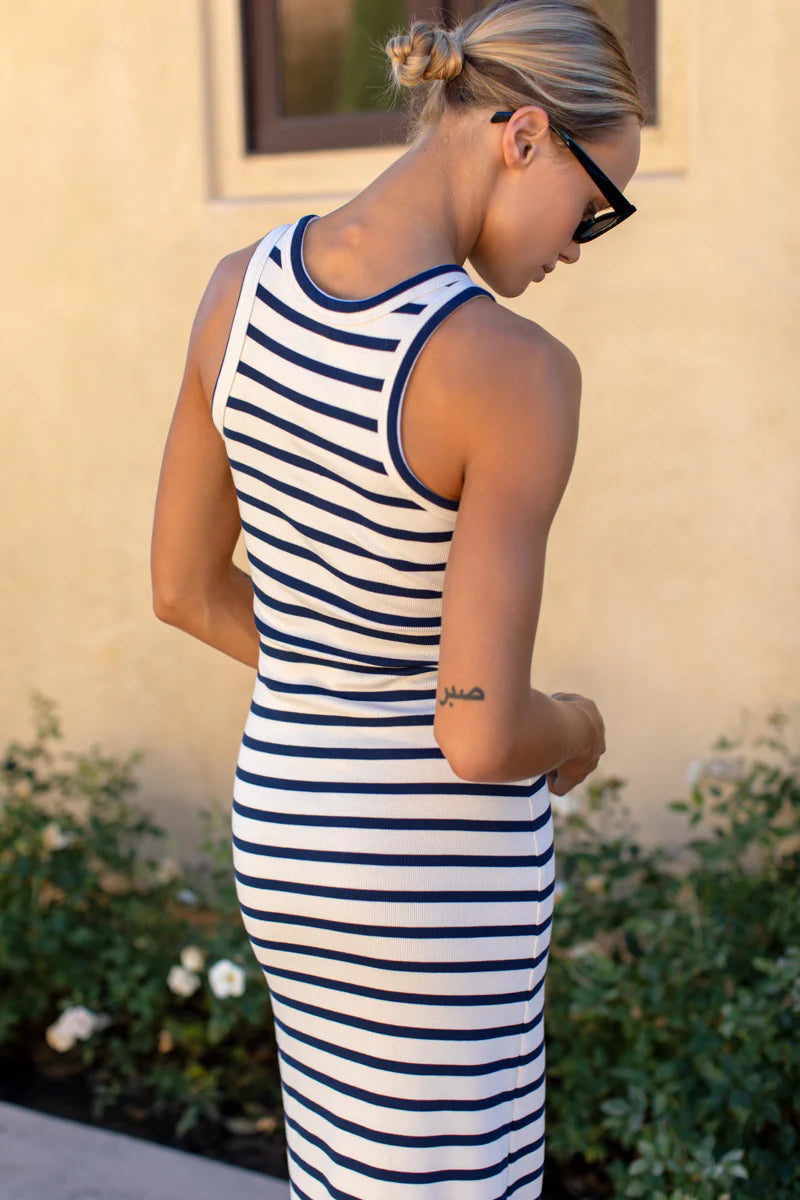 RACERBACK TANK DRESS MAXI - NAVY STRIPE RIB