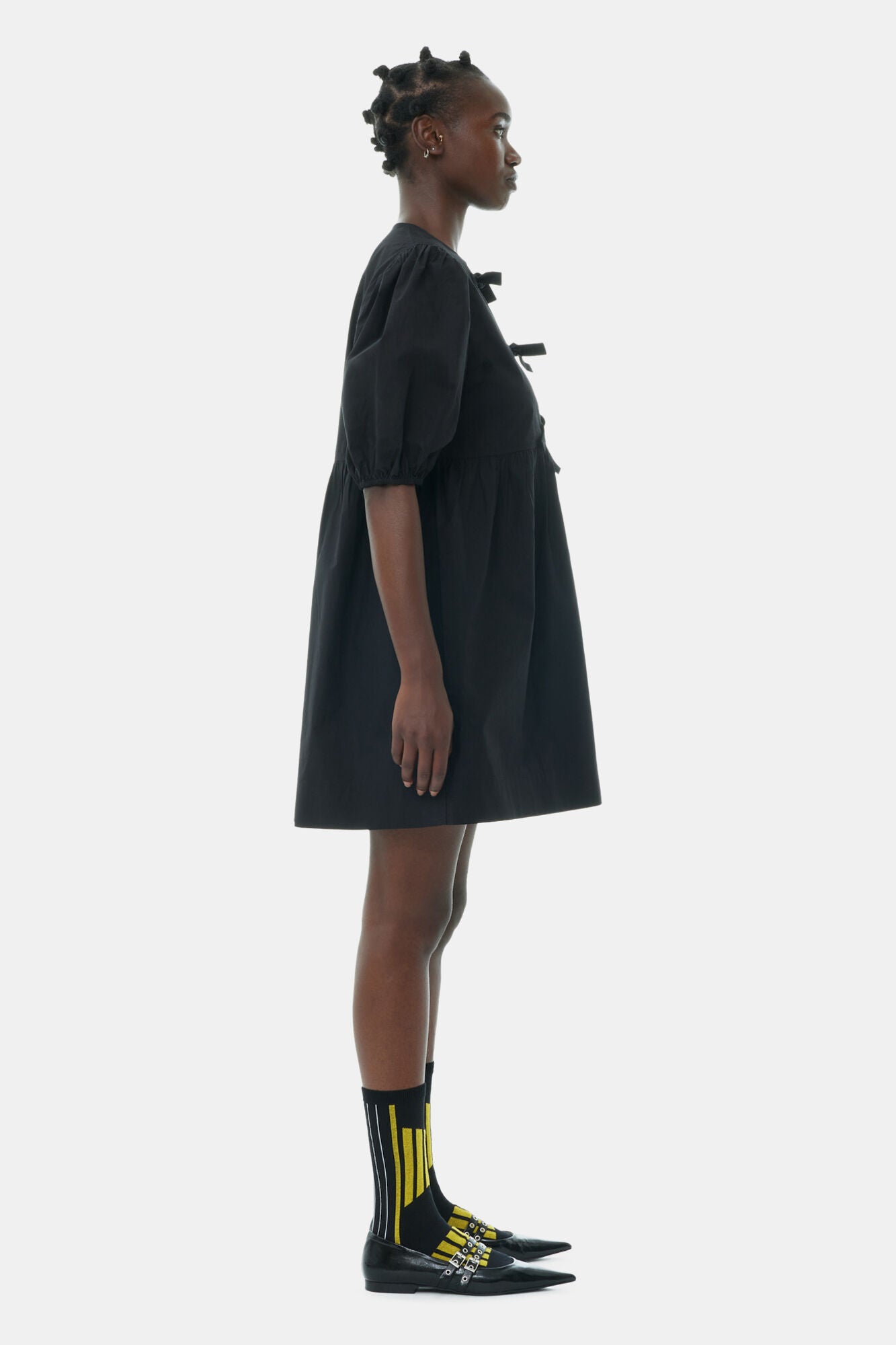 COTTON POPLIN TIE STRING MINI DRESS - BLACK