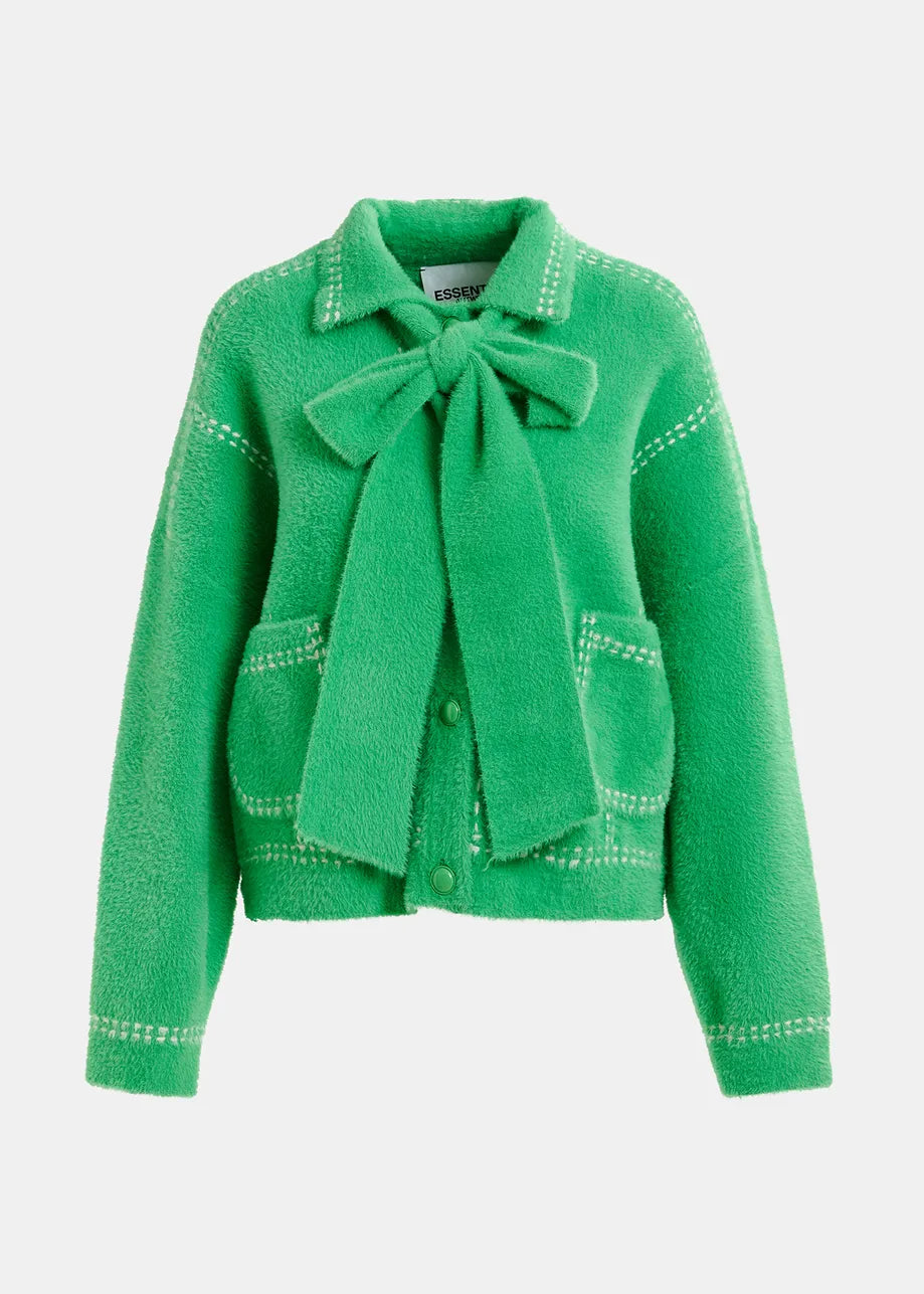 HOOPS CARDIGAN - GREEN KNIT WITH CONTRASTING STITCHING AND SELF-FABRIC SCARF