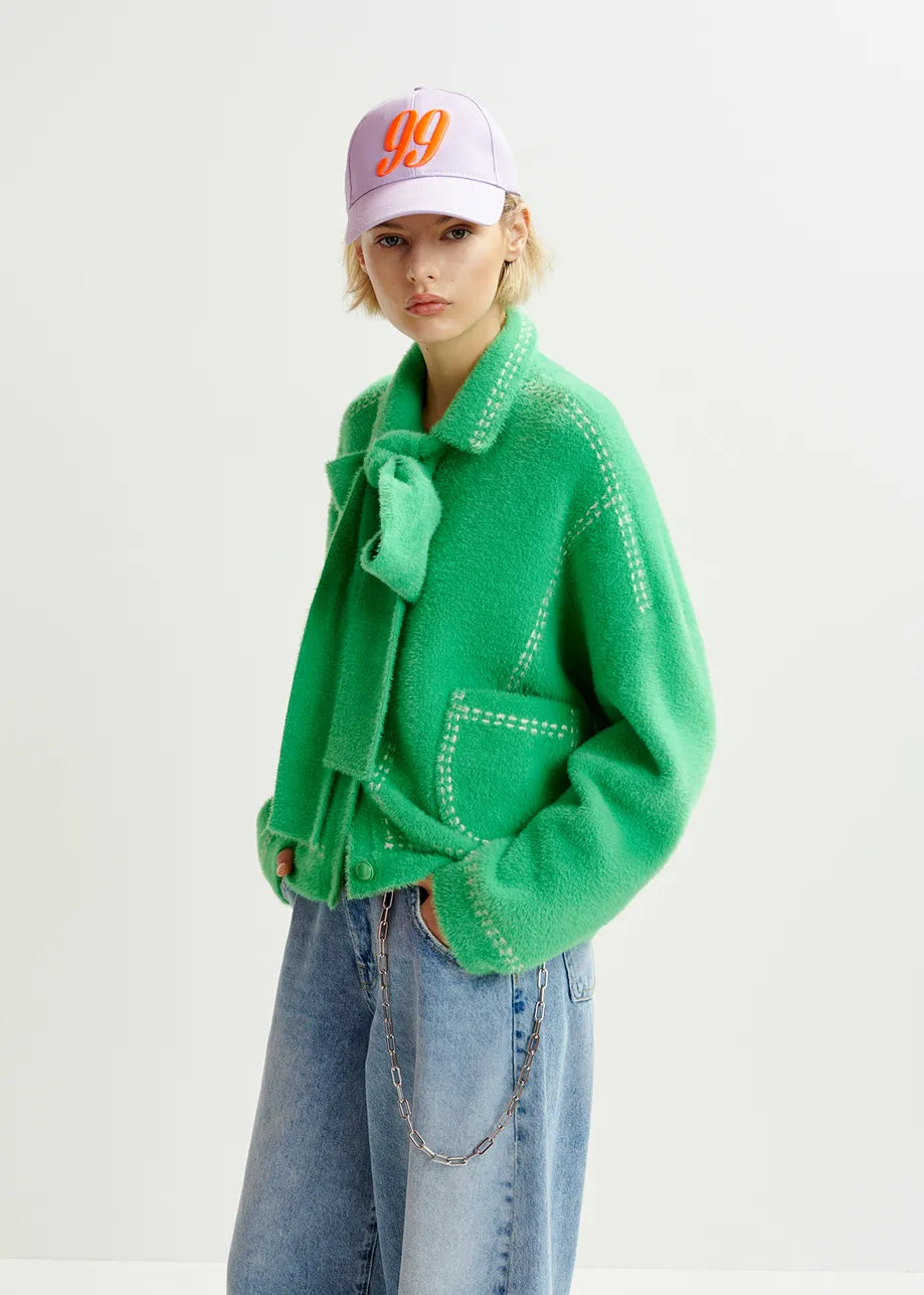 HOOPS CARDIGAN - GREEN KNIT WITH CONTRASTING STITCHING AND SELF-FABRIC SCARF