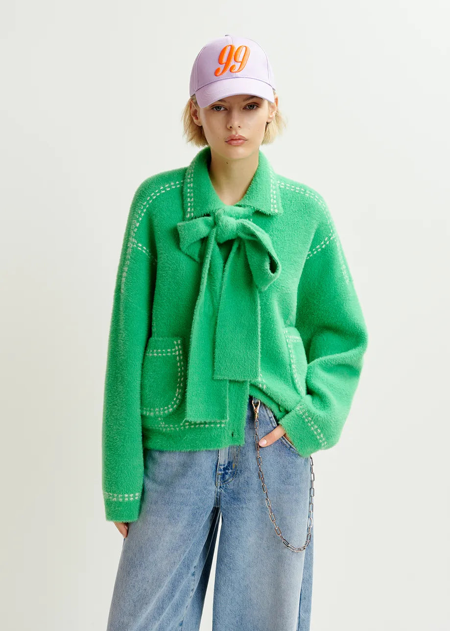 HOOPS CARDIGAN - GREEN KNIT WITH CONTRASTING STITCHING AND SELF-FABRIC SCARF