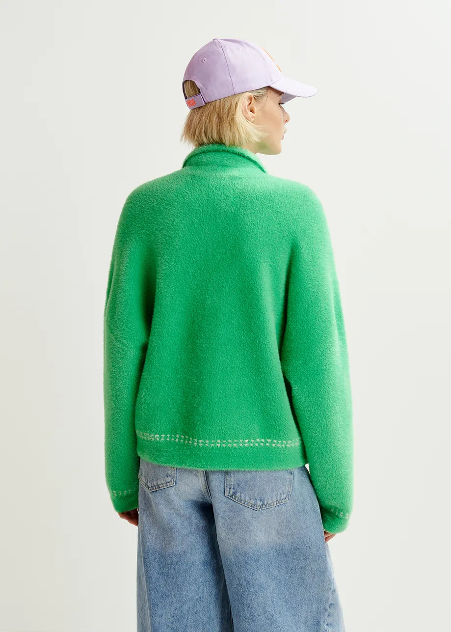 HOOPS CARDIGAN - GREEN KNIT WITH CONTRASTING STITCHING AND SELF-FABRIC SCARF