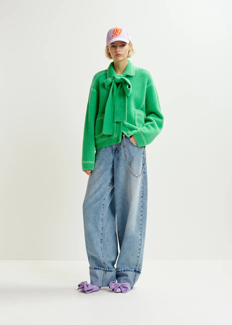 HOOPS CARDIGAN - GREEN KNIT WITH CONTRASTING STITCHING AND SELF-FABRIC SCARF