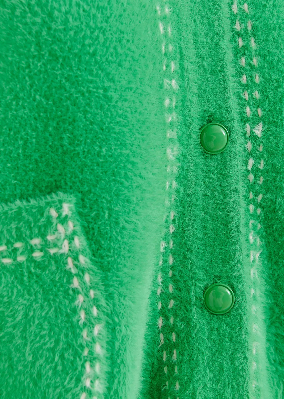 HOOPS CARDIGAN - GREEN KNIT WITH CONTRASTING STITCHING AND SELF-FABRIC SCARF