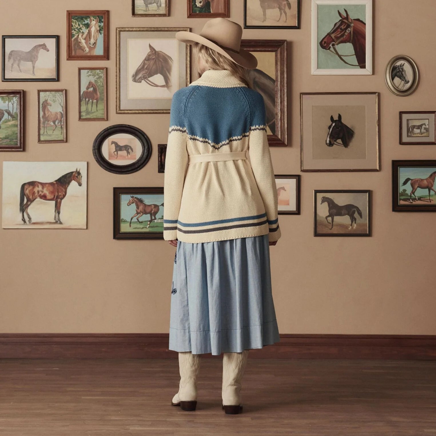 THE WESTERN RIDING CARDIGAN SWEATER - ROBIN BLUE W. CREAM