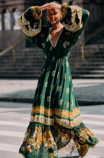 FARM Rio Green Ayla Long Sleeve Ruffled Maxi Dress, Ayla Green / XXS FARM Rio Green Ayla Long Sleeve Ruffled Maxi Dress, Ayla Green / XXS