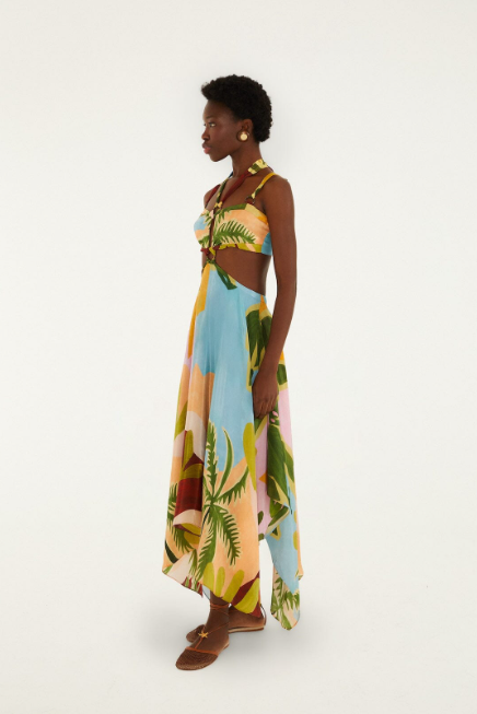 MULTICOLOR TROPICAL PAINTING CUT-OUTBUCKLES MAXI DRESS