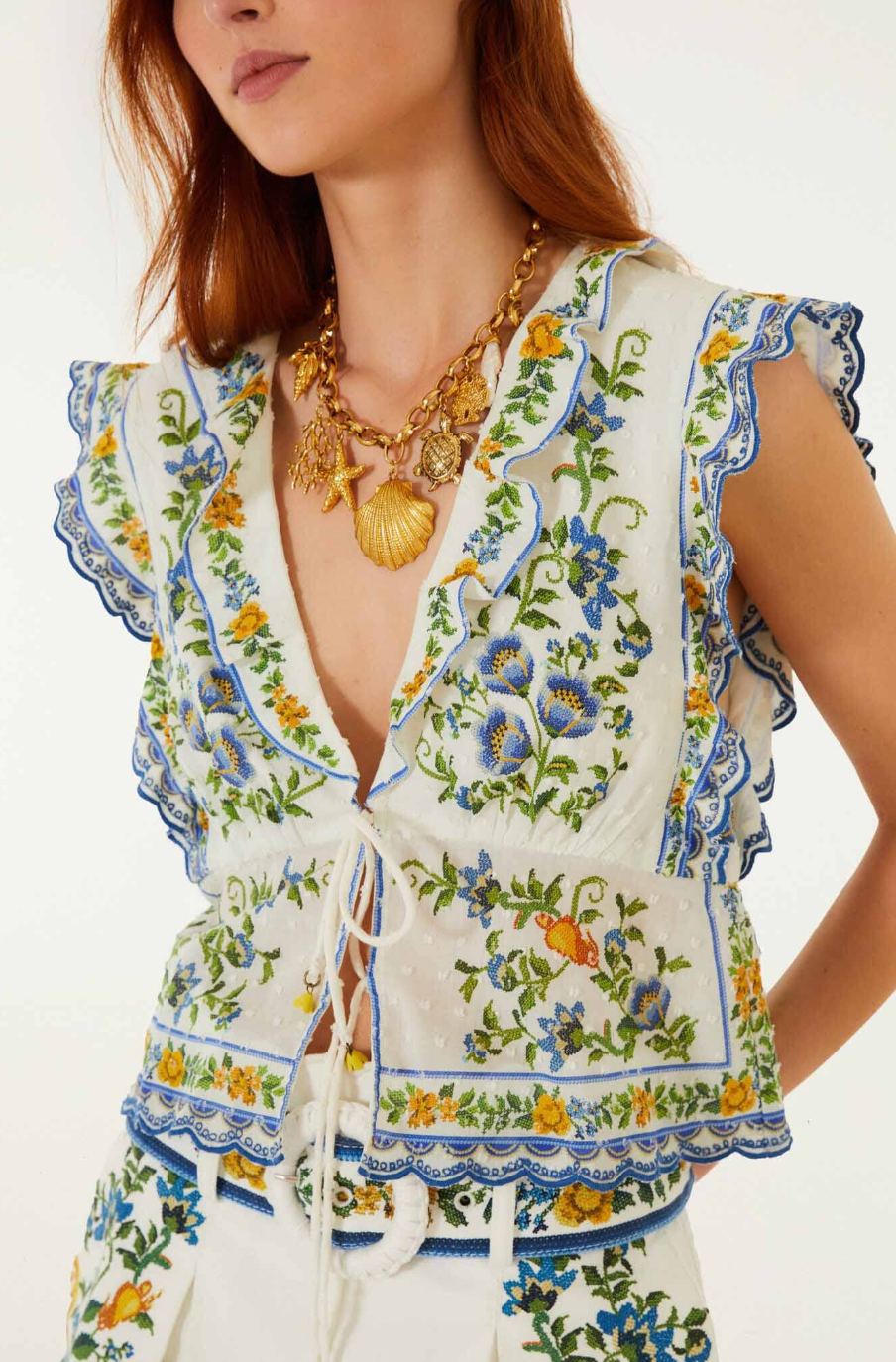 OFF-WHITE EMILY FLORAL TAPESTRY DRAWSTRING BLOUSE
