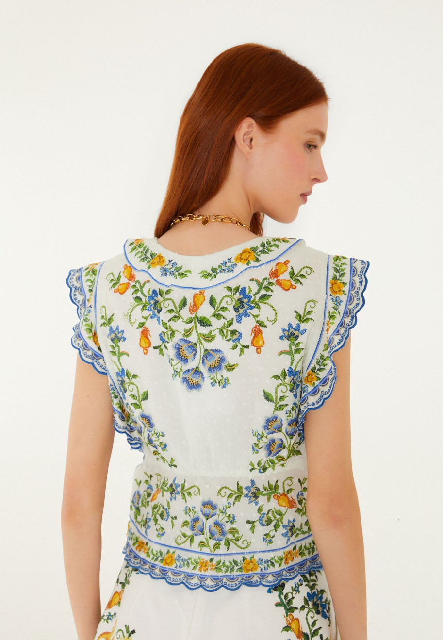 OFF-WHITE EMILY FLORAL TAPESTRY DRAWSTRING BLOUSE