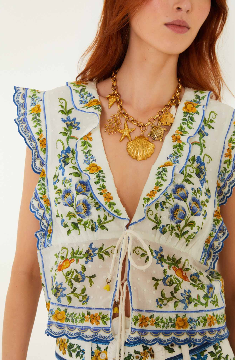 OFF-WHITE EMILY FLORAL TAPESTRY DRAWSTRING BLOUSE