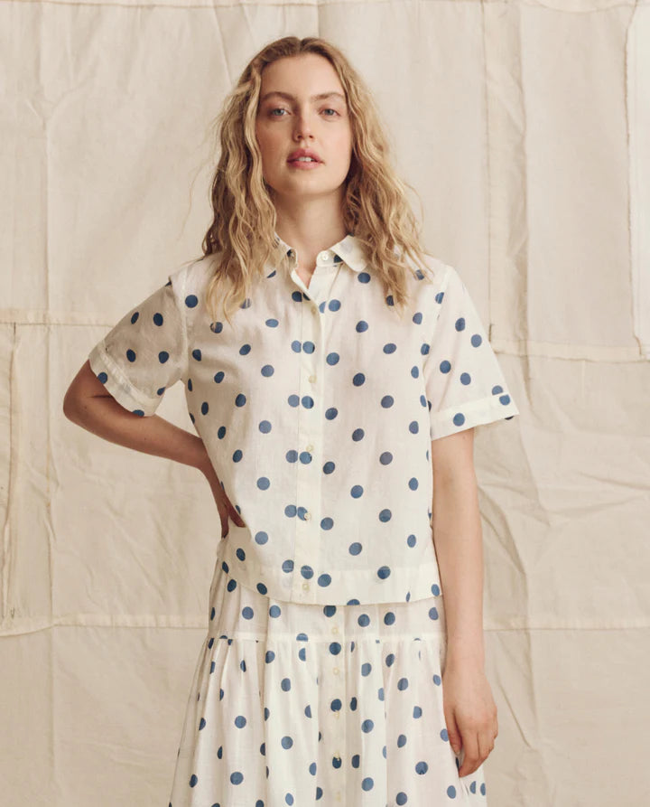 THE MESSENGER TOP - CREAM W/ BLUE POLKA DOTS