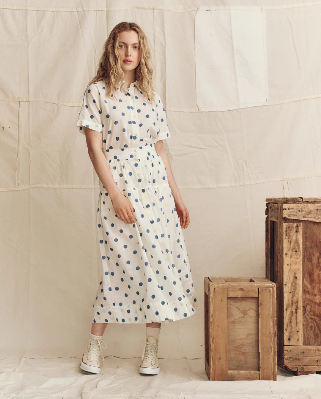 THE HIGHLAND SKIRT - CREAM W/ BLUE POLKA DOTS