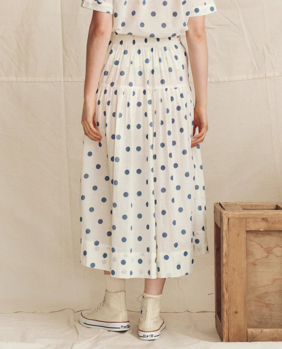 THE HIGHLAND SKIRT - CREAM W/ BLUE POLKA DOTS