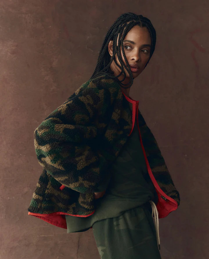 THE REVERSIBLE PLUSH BOMBER - CAMO & HOT RED