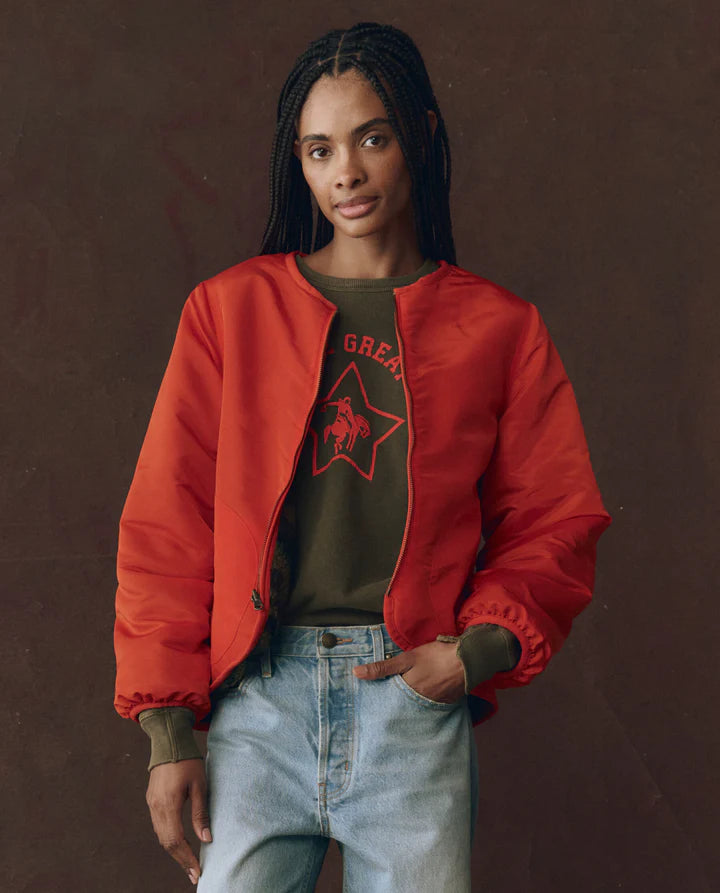 THE REVERSIBLE PLUSH BOMBER - CAMO & HOT RED