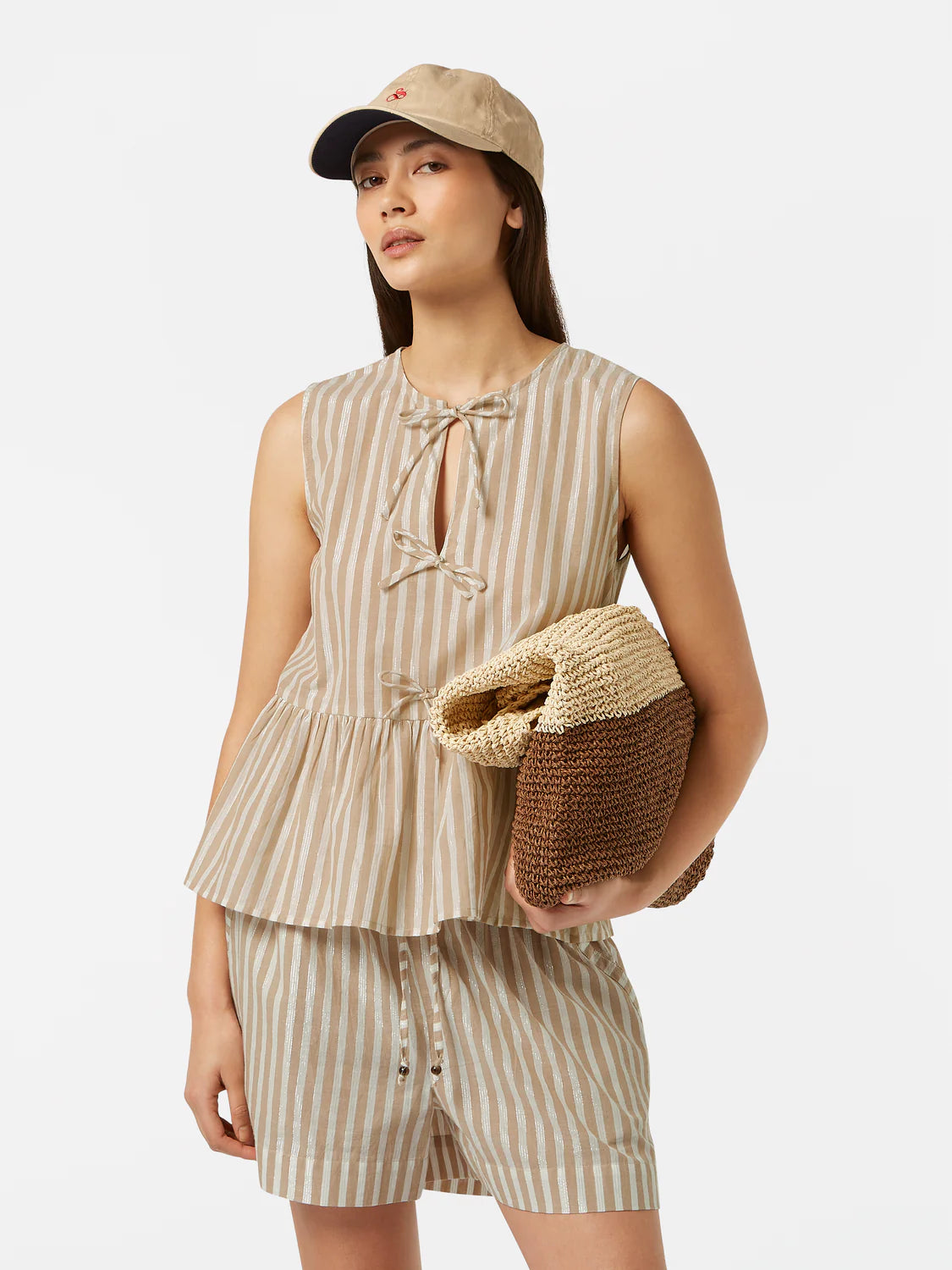 BOW DETAILS TOP - DESERT SAND STRIPE WITH LUREX