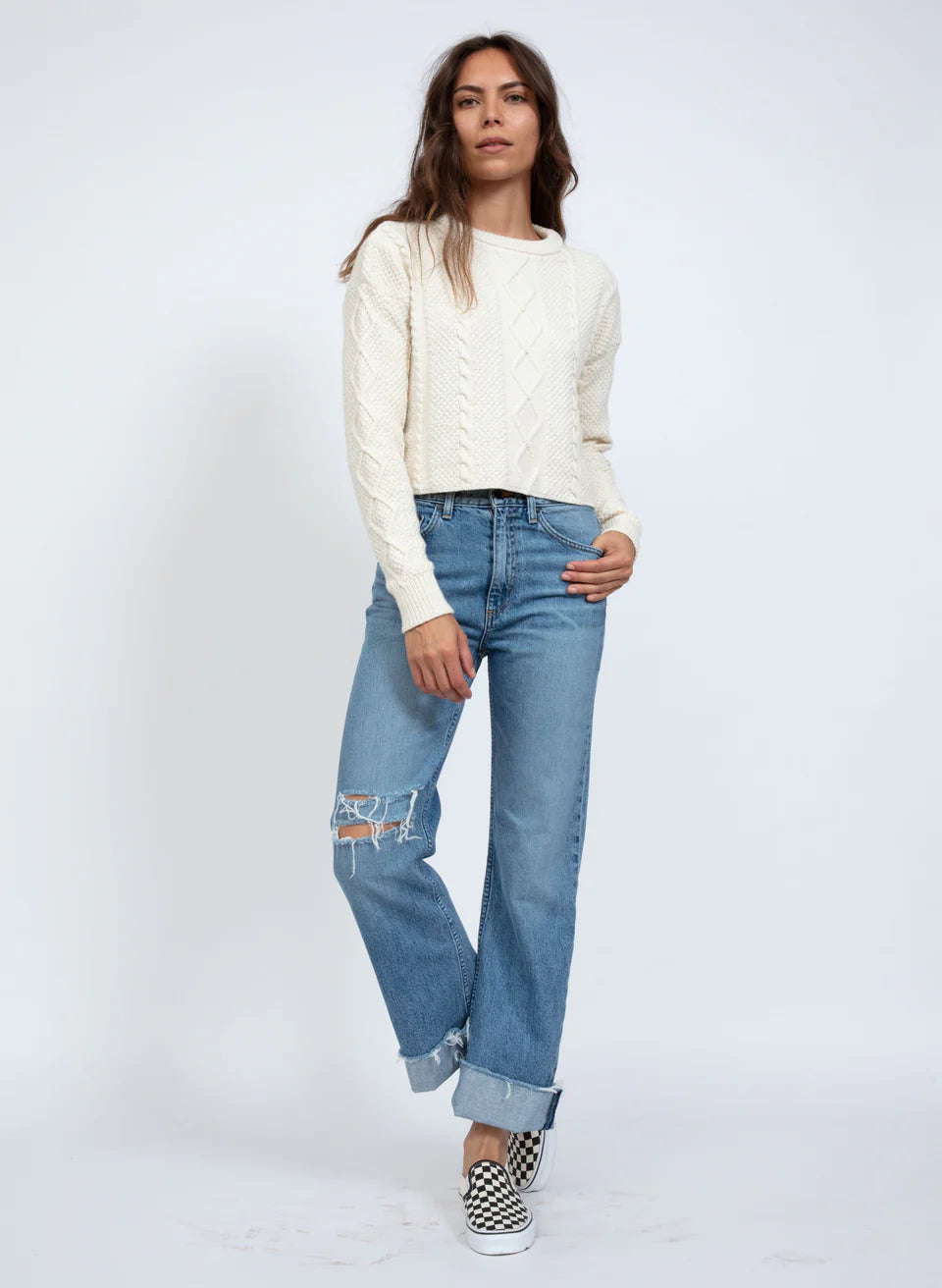 CABLE CROPPED CREW SWEATER - IVORY