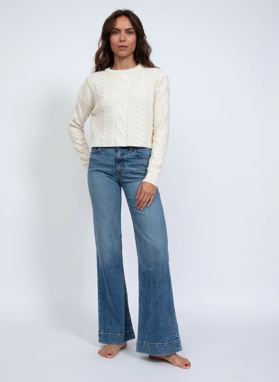 CABLE CROPPED CREW SWEATER - IVORY
