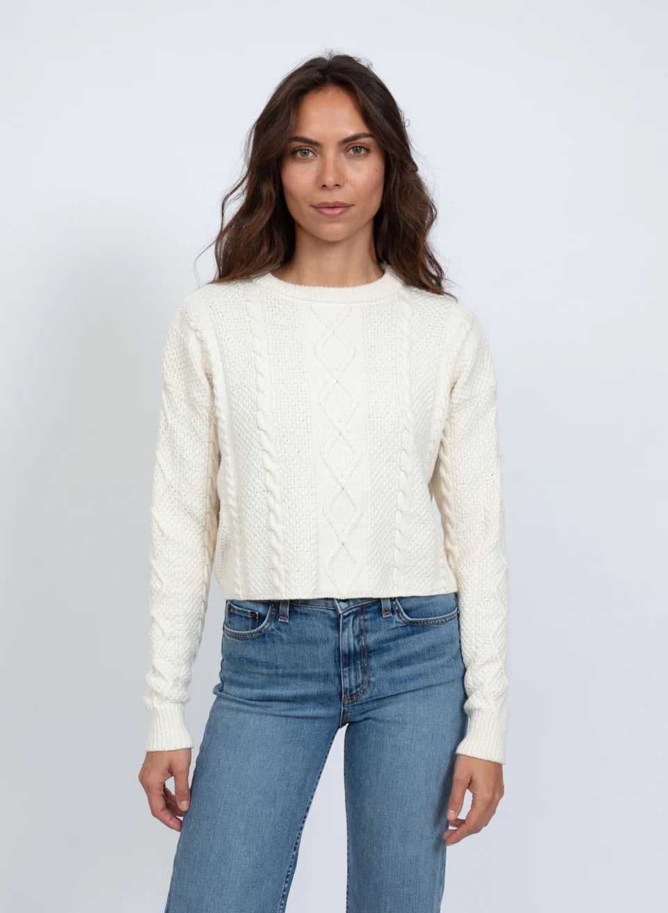 CABLE CROPPED CREW SWEATER - IVORY