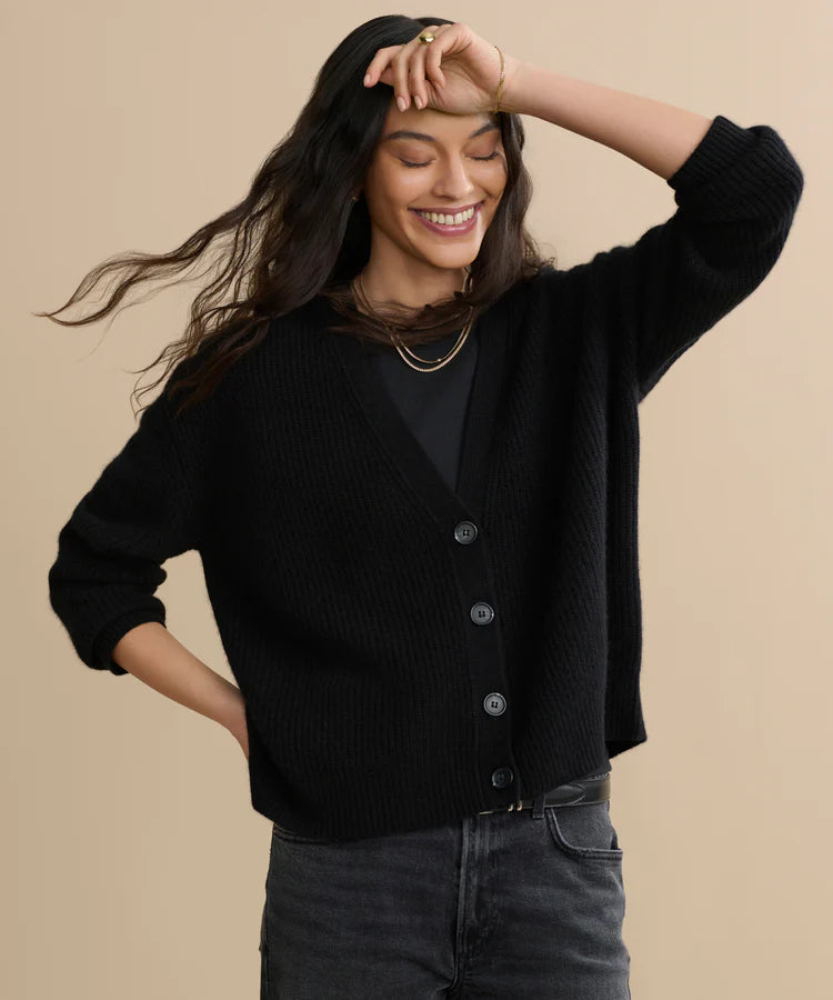 CROPPED CASHMERE COCOON CARDIGAN - BLACK