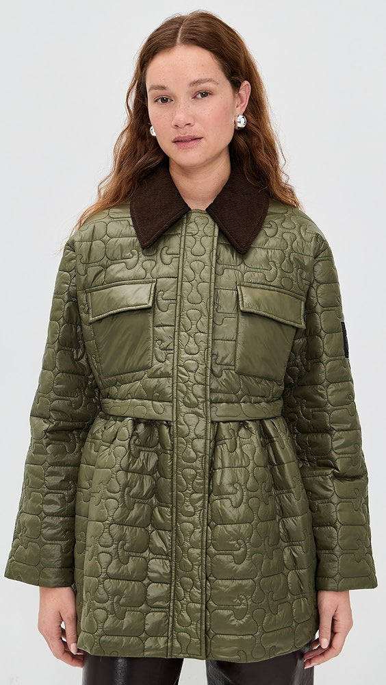 SHINY QUILTED MIDI FLARE JACKET - KALAMATA