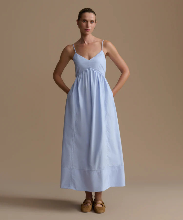 french blue midi dress Jenni Kayne Peninsula Size Medium x REVOLVE Noosa Mini Silhouette: Fit-and-flare silhouette with a fitted waist and voluminous lower skirt Ships From:CN A back zipper ensures
