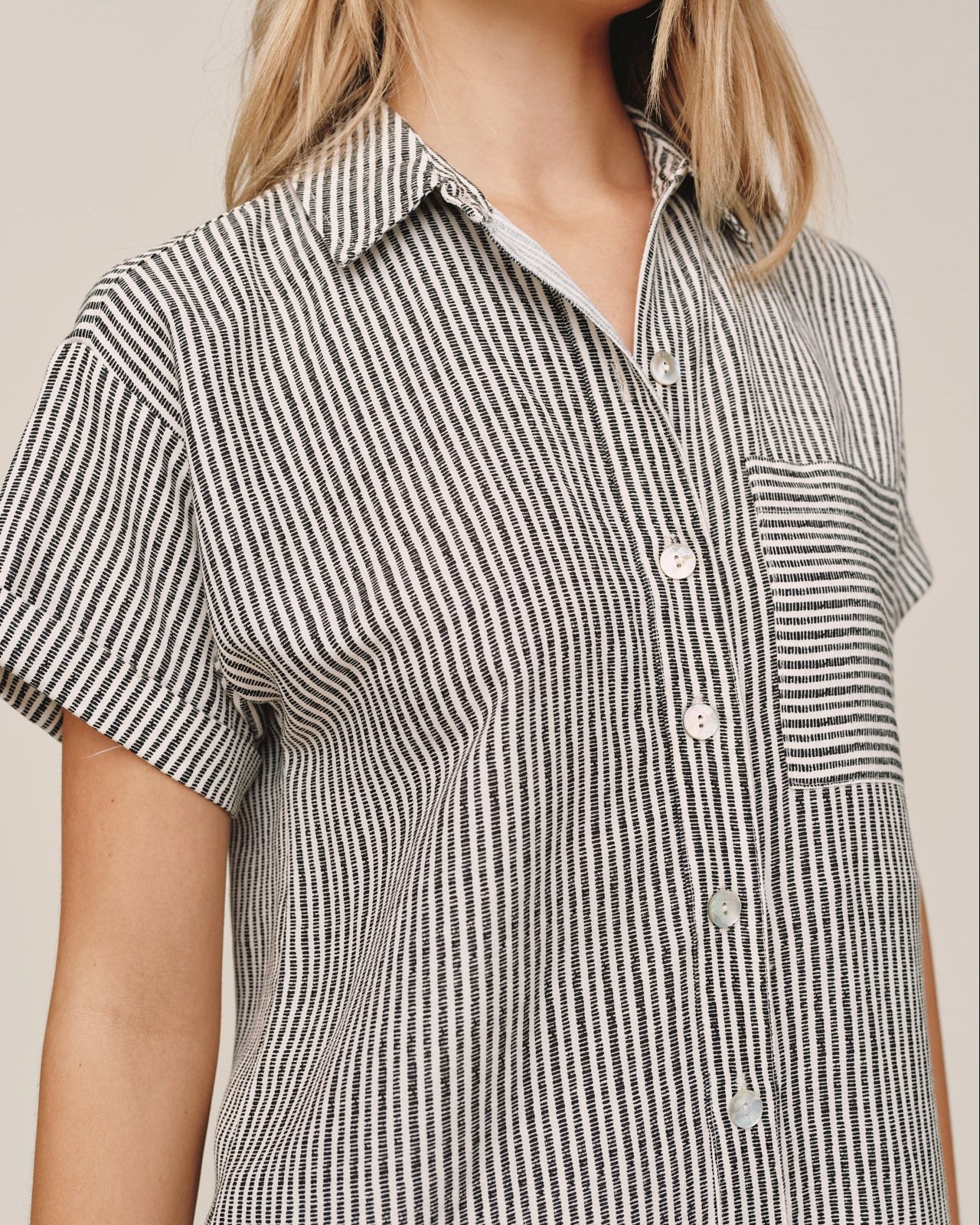 ROLL SLEEVE POCKET SHIRT DRESS - HATCH STRIPE