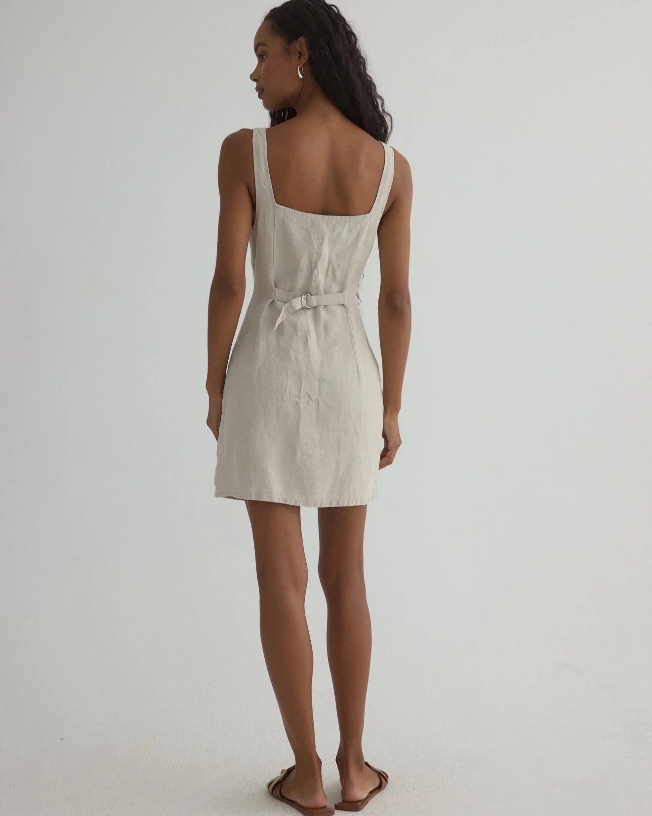 SQUARE NECK BUTTON FRONT MINI DRESS - LINEN SAND