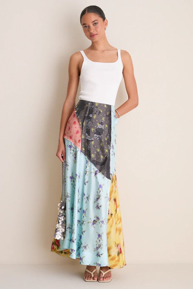 PATCHWORK FLORAL-PRINT SILK TWILL FLUID SKIRT