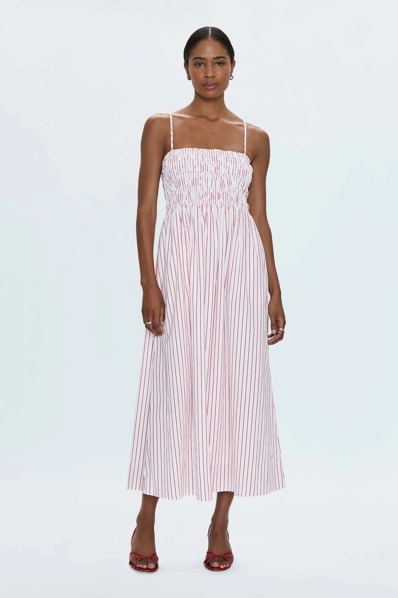 BIANCA SHIRRED BODDESS DRESS - RUBY STRIPE