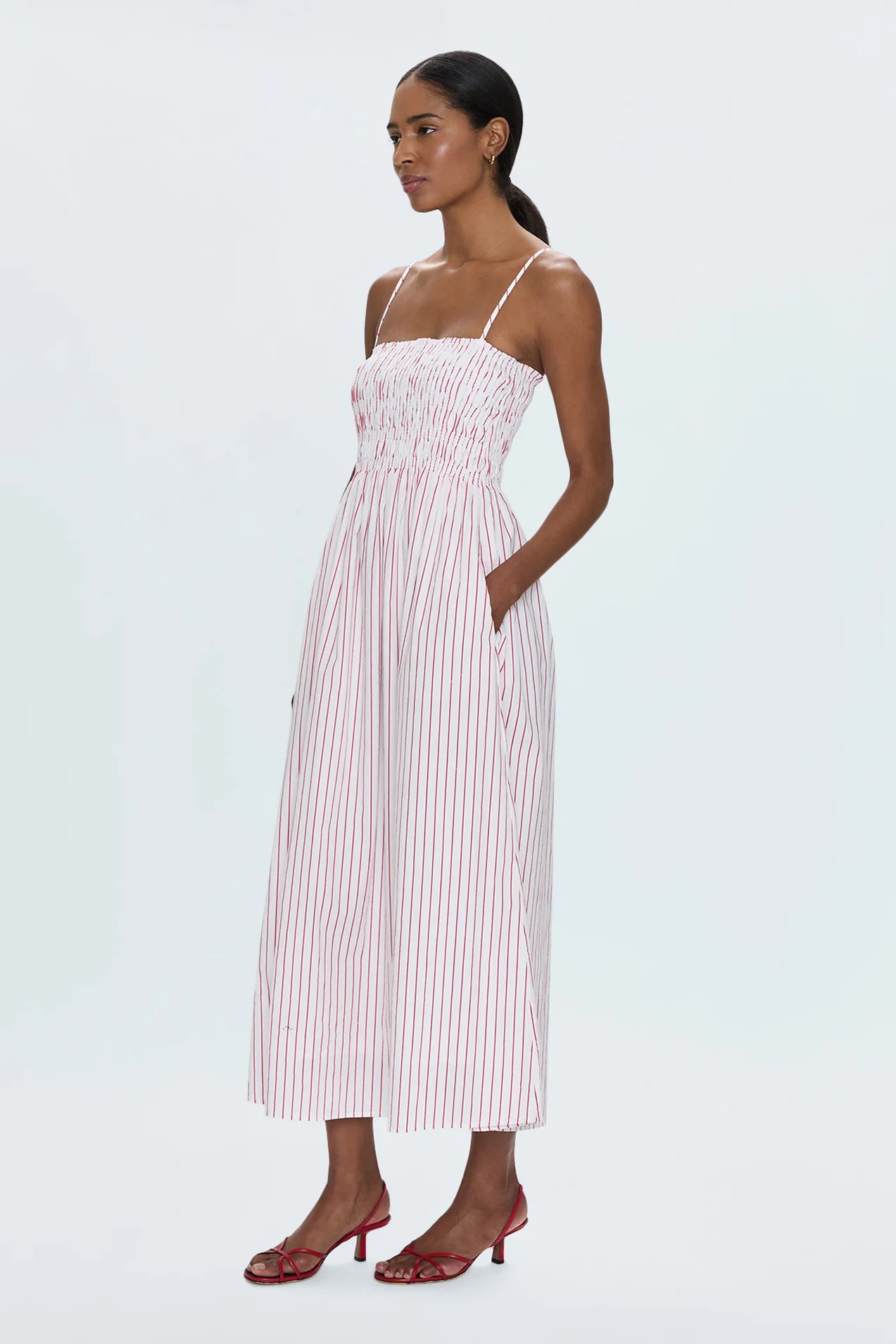 BIANCA SHIRRED BODDESS DRESS - RUBY STRIPE