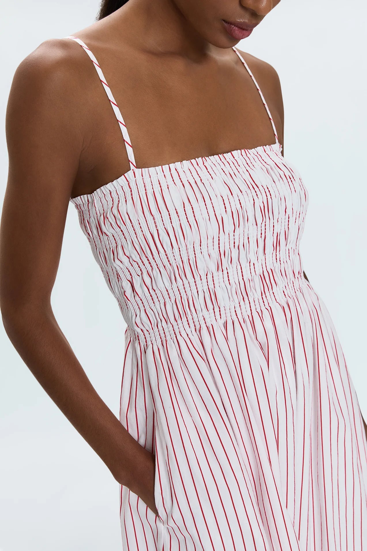 BIANCA SHIRRED BODDESS DRESS - RUBY STRIPE