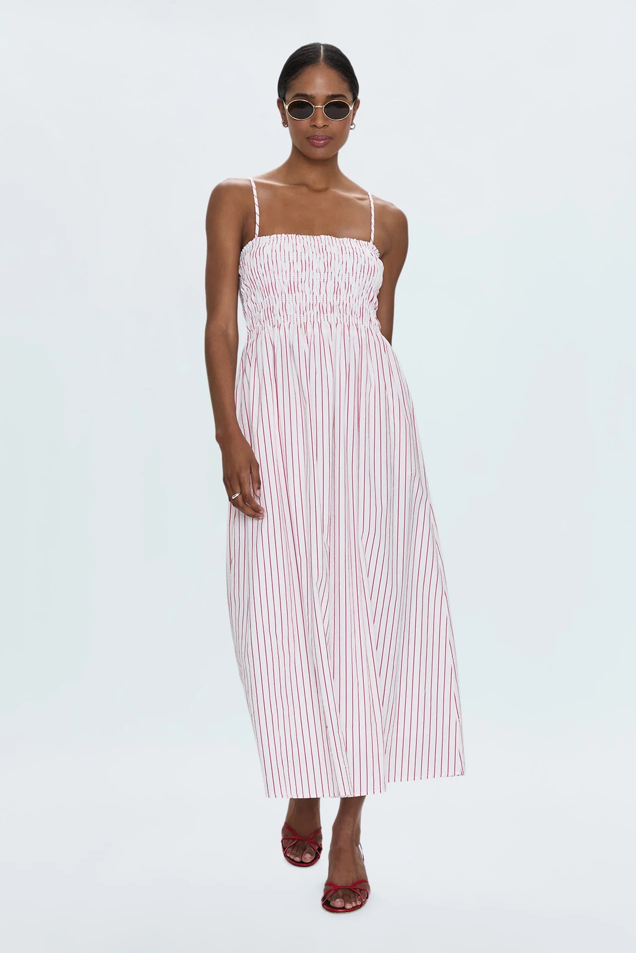 BIANCA SHIRRED BODDESS DRESS - RUBY STRIPE