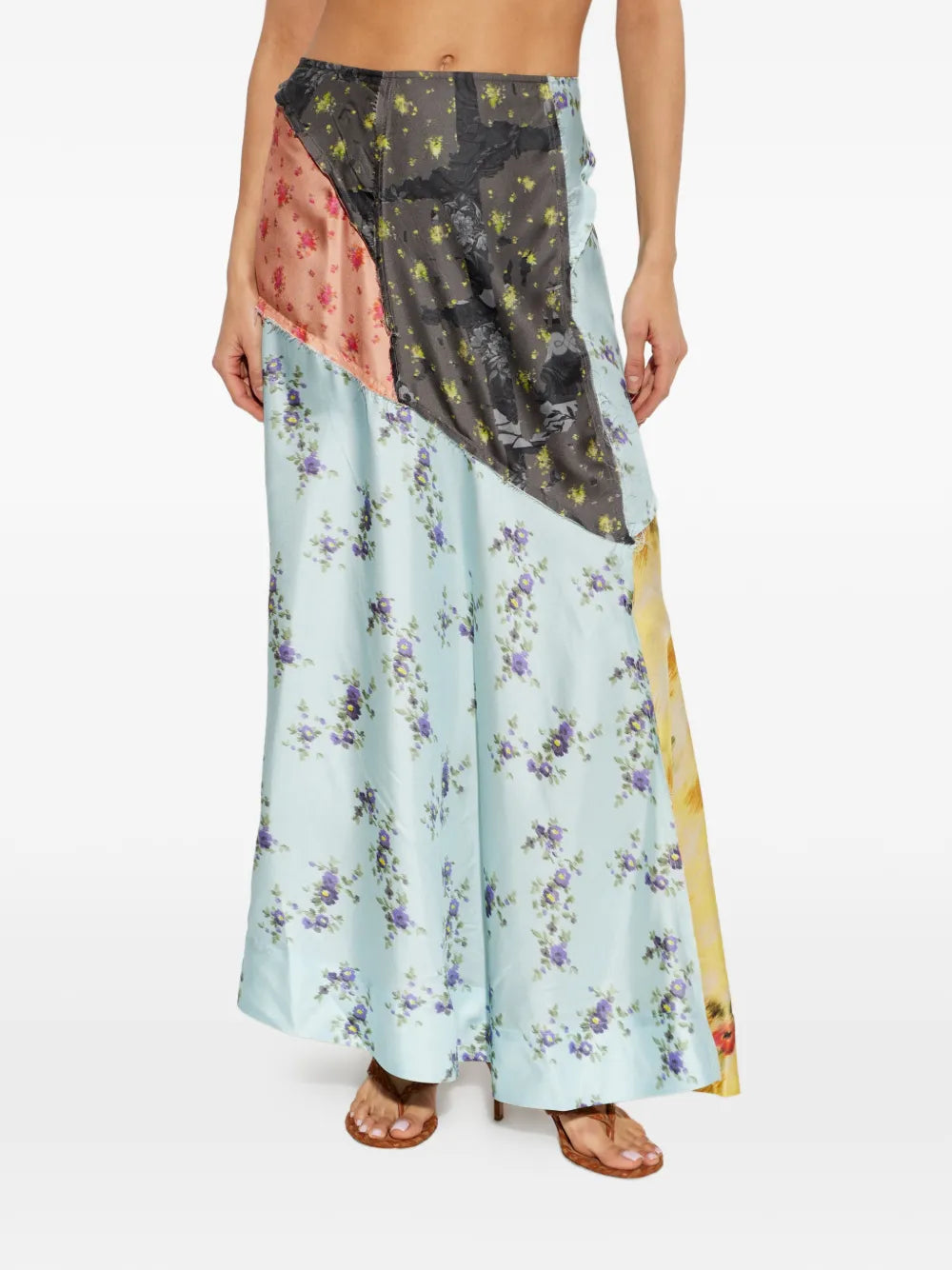 PATCHWORK FLORAL-PRINT SILK TWILL FLUID SKIRT