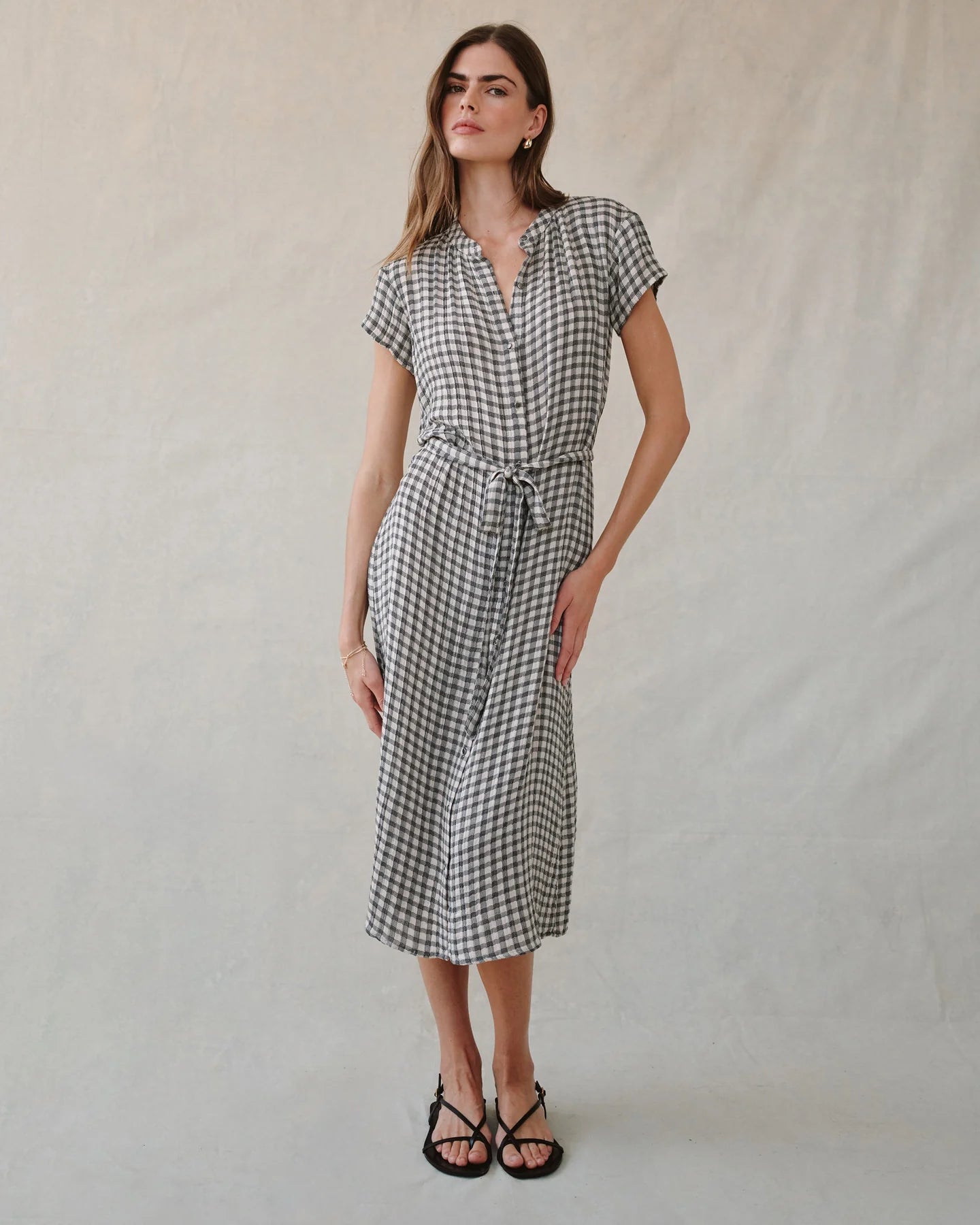 CAP SLEEVE MAXI SHIRT DRESS - IVORY CHECK PLAID