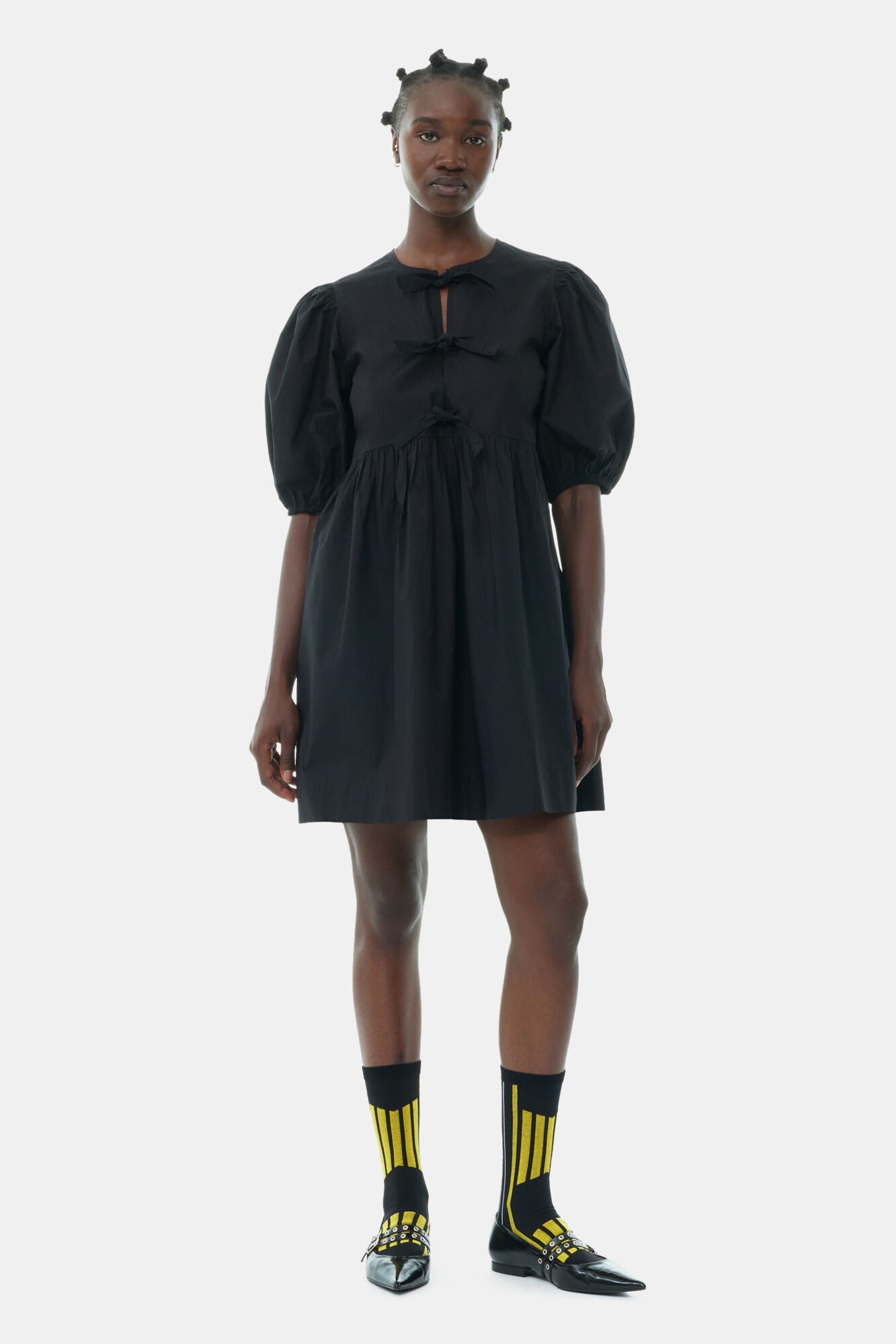 COTTON POPLIN TIE STRING MINI DRESS - BLACK