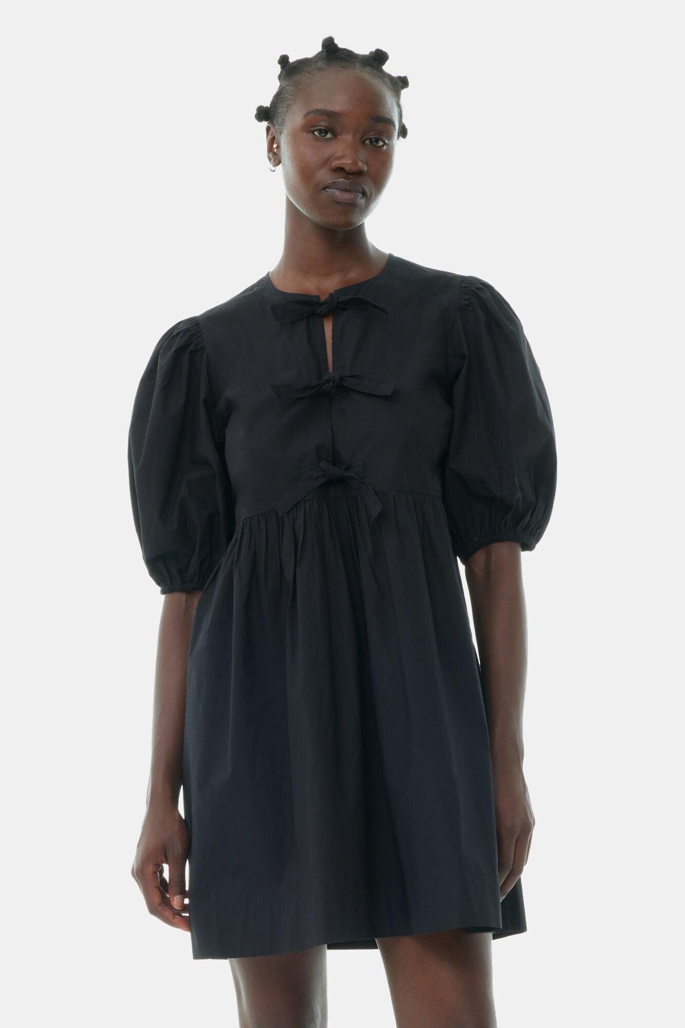 COTTON POPLIN TIE STRING MINI DRESS - BLACK