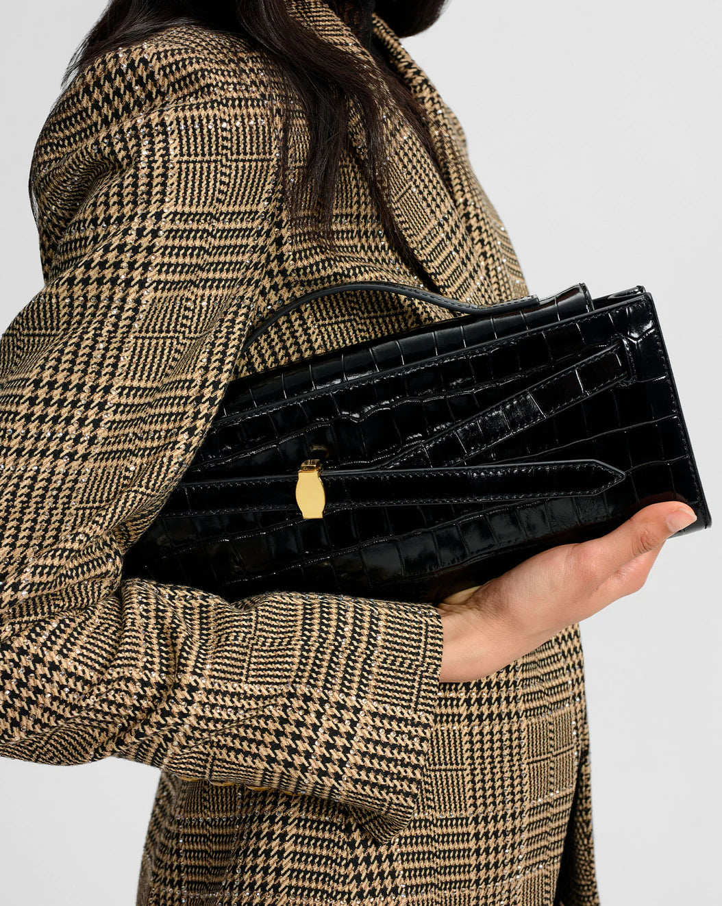 VERONICA BEARD DASH CLUTCH - BLACK CROC EMBOSSED LEATHER