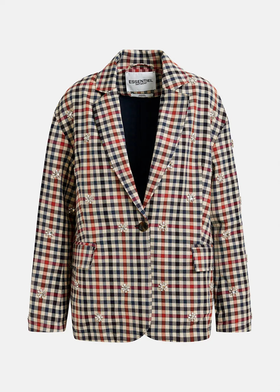 BEIGE, DARK BLUE AND RED CHECKERED SINGLE BREASTED BLAZER