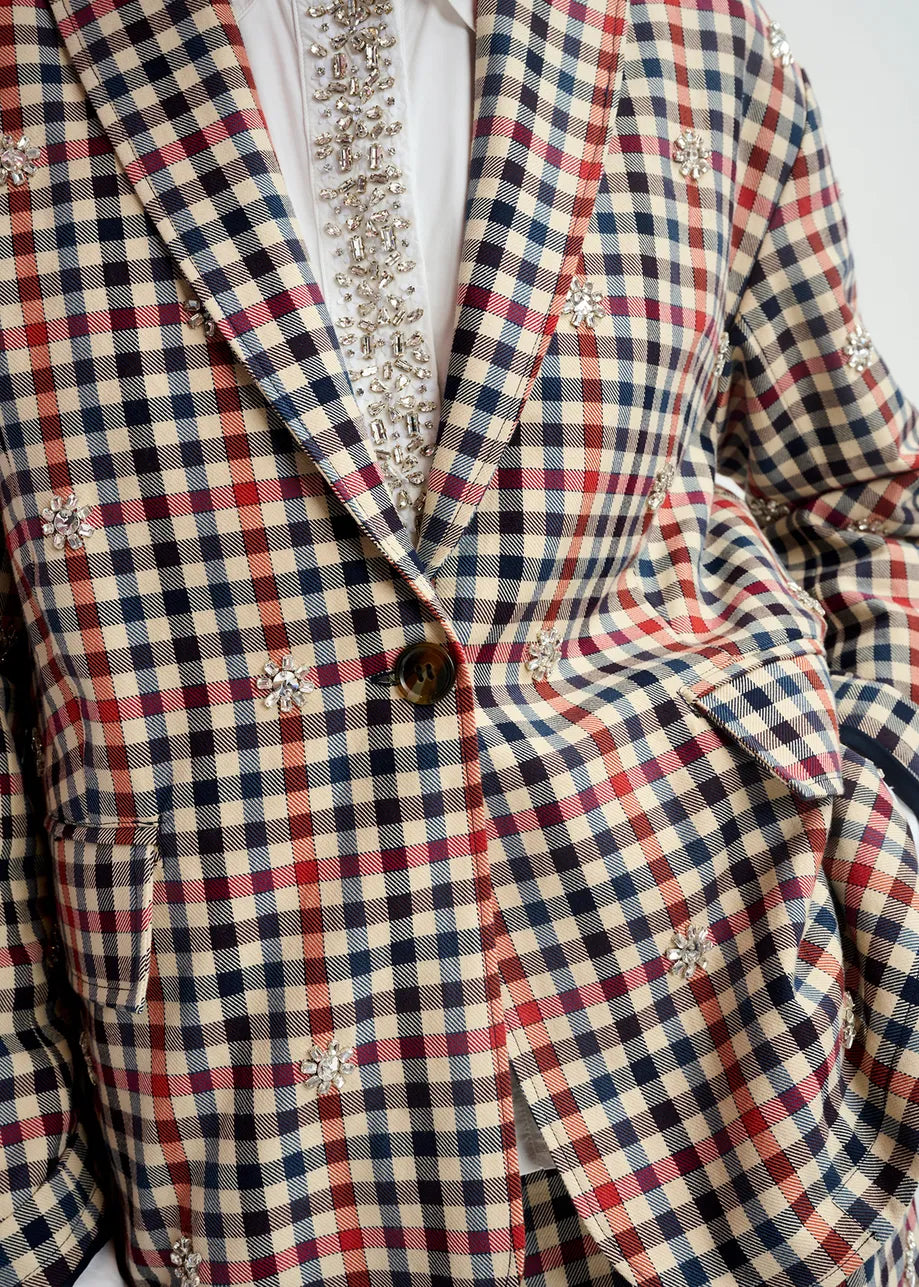 BEIGE, DARK BLUE AND RED CHECKERED SINGLE BREASTED BLAZER