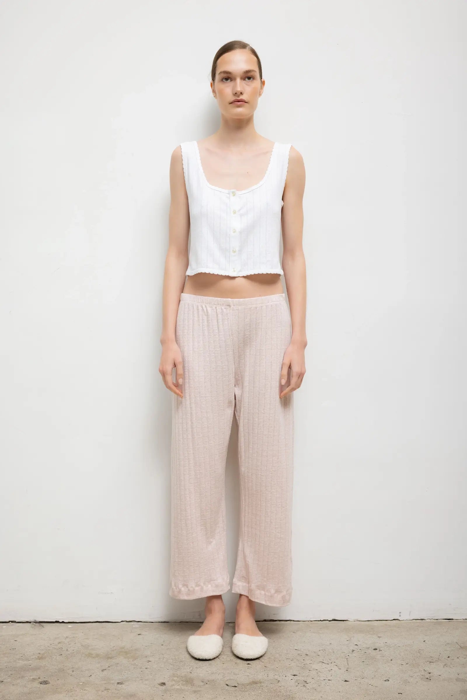 POINTELLE CROP WIDE LEG PANT - PETAL MELANGE