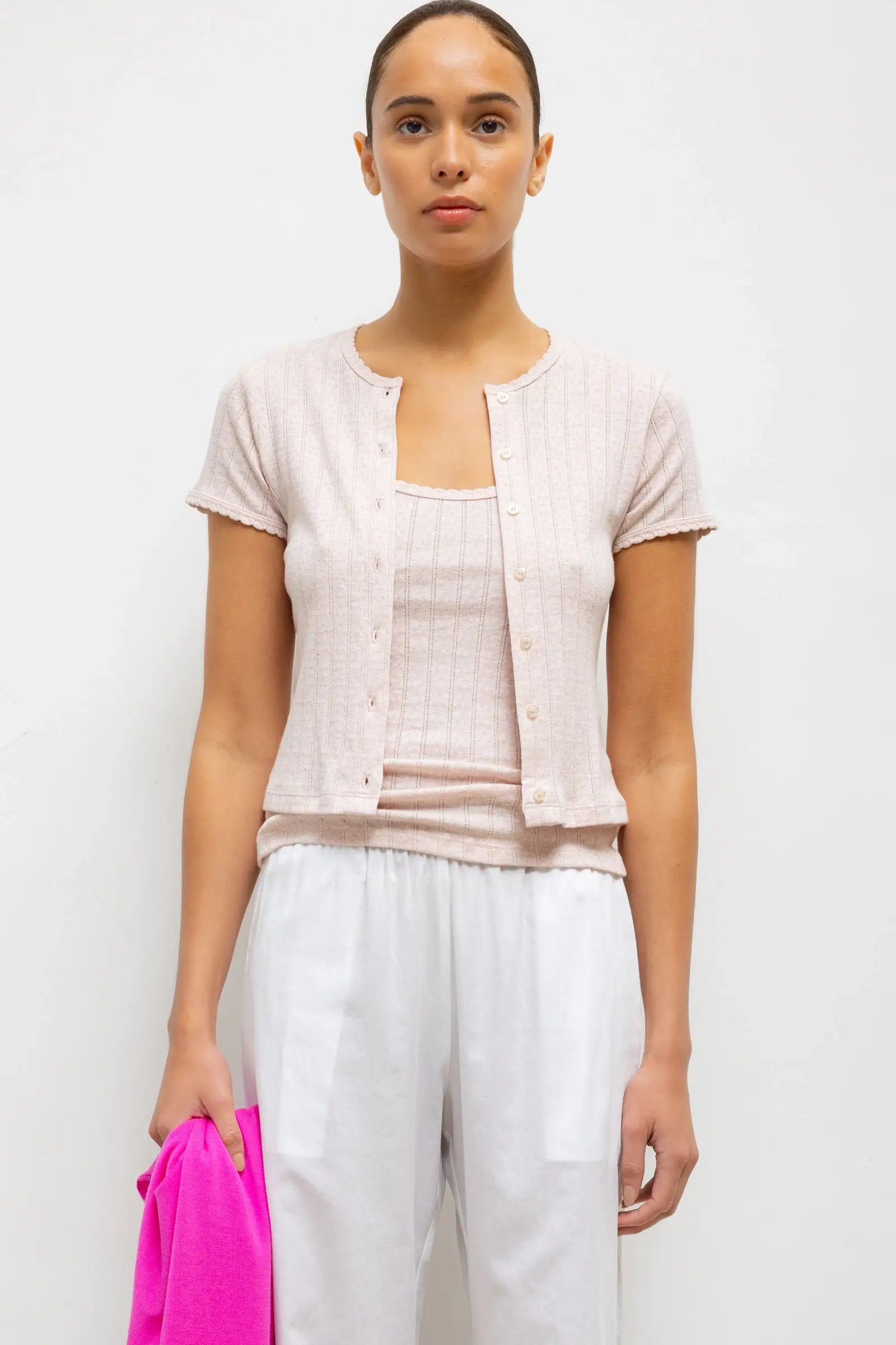 POINTELLE SHORT SLEEVE CARDIGAN - PETAL MELANGE