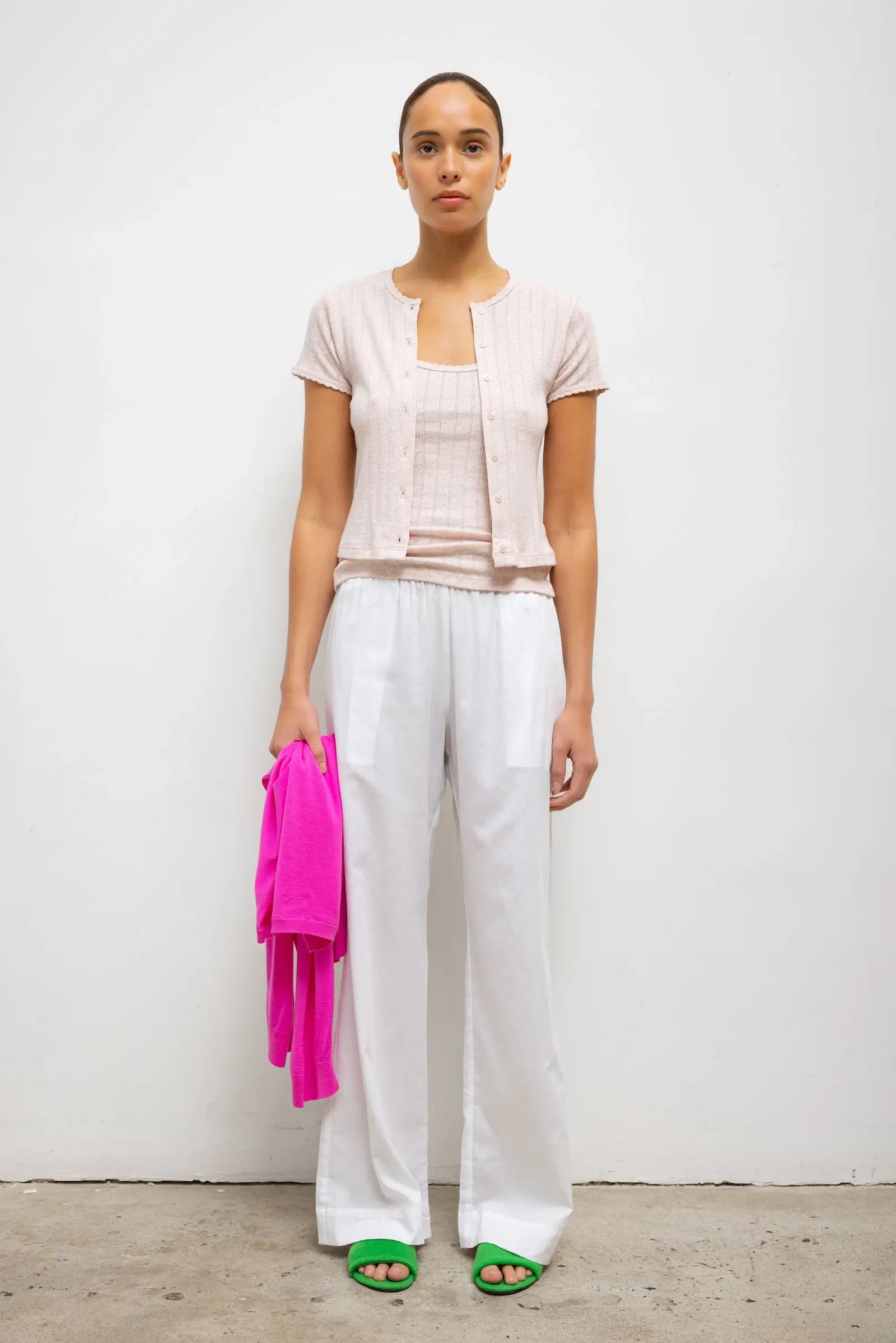 POINTELLE SHORT SLEEVE CARDIGAN - PETAL MELANGE